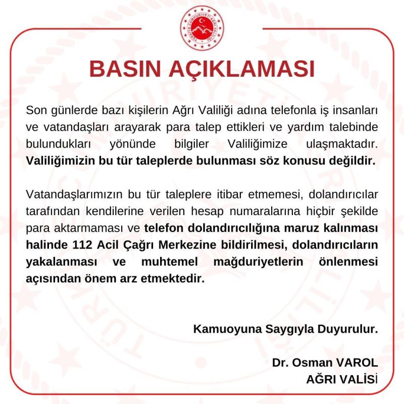 Ağrı Valiliğinden telefon yoluyla dolandırıcılık uyarısı

