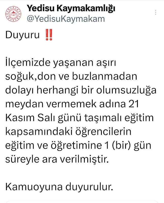 Yedisu’da taşımalı eğitime 1 gün ara verildi
