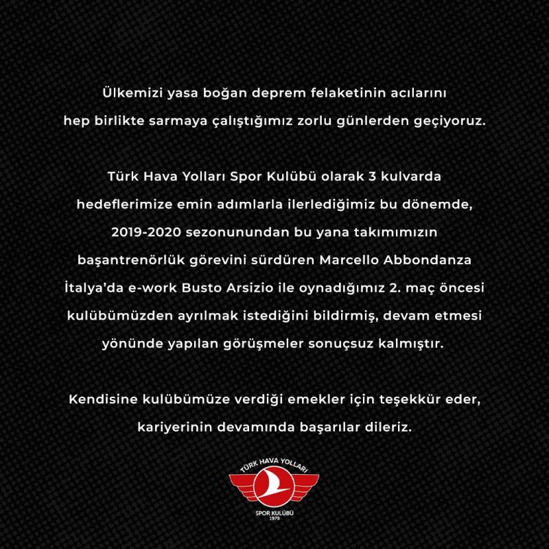 THY Kadın Voleybol Takımı’nda Başantrenör Marcello Abbondanza ile yollar ayrıldı
