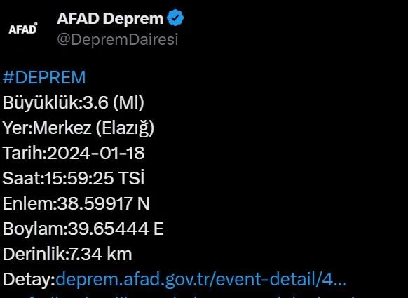 Elazığ’da 3.6 büyüklüğünde deprem
