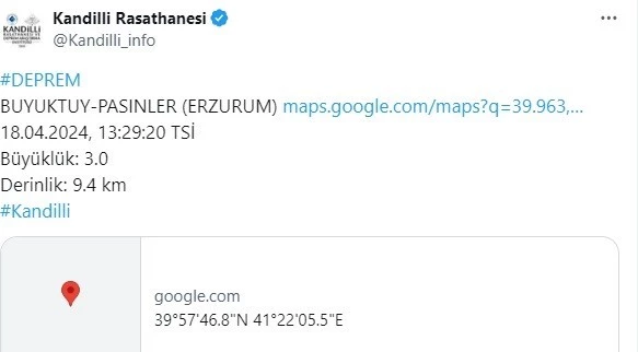 Erzurum’un Pasinler ilçesinde 3,0 büyüklüğünde deprem
