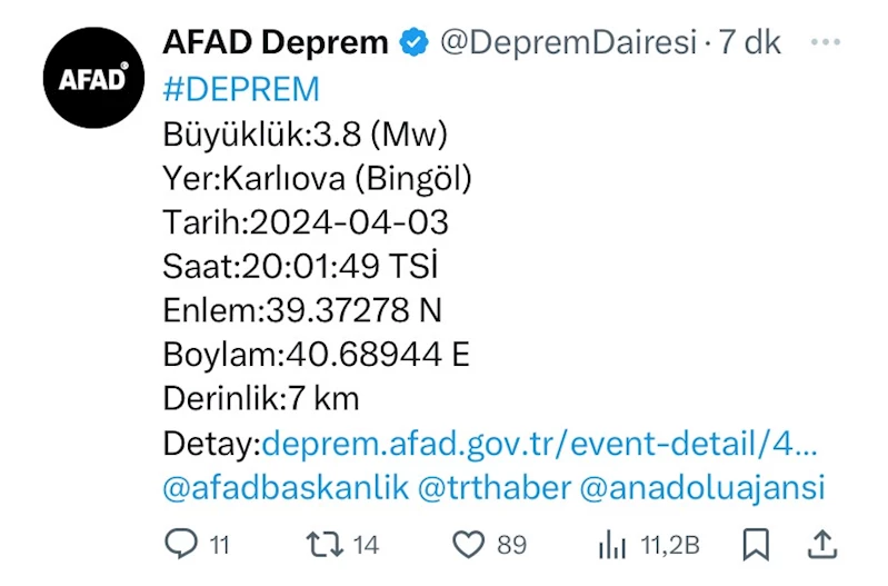 Bingöl’de 3.8 büyüklüğünde deprem
