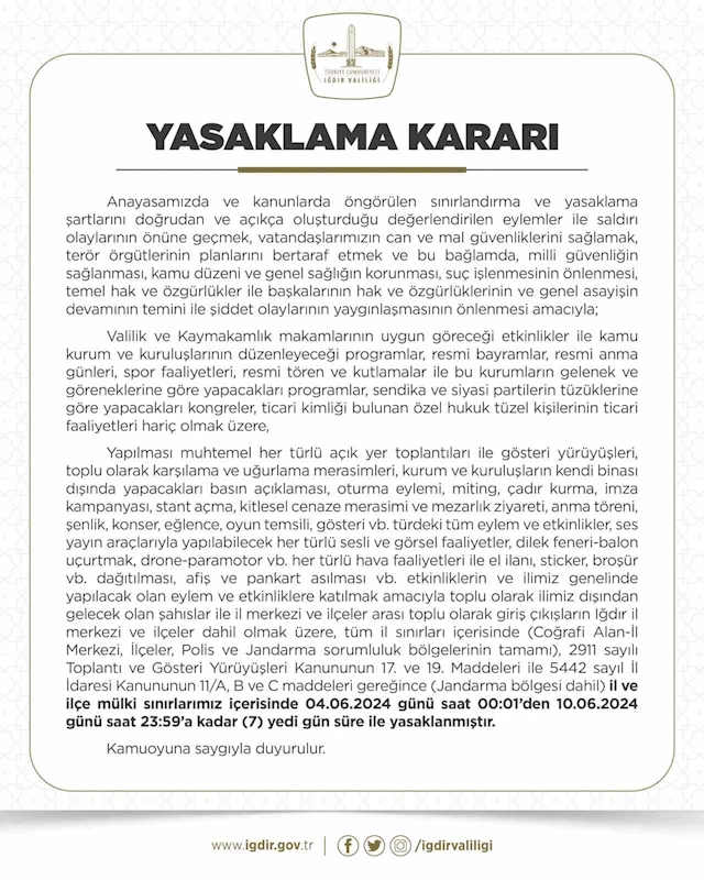 Iğdır’da gösteri yürüyüşü ve açık hava toplantı yasağı
