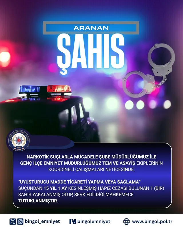 Bingöl’de hakkında 15 yıl kesinleşmiş hapis cezası bulunan zanlı tutuklandı
