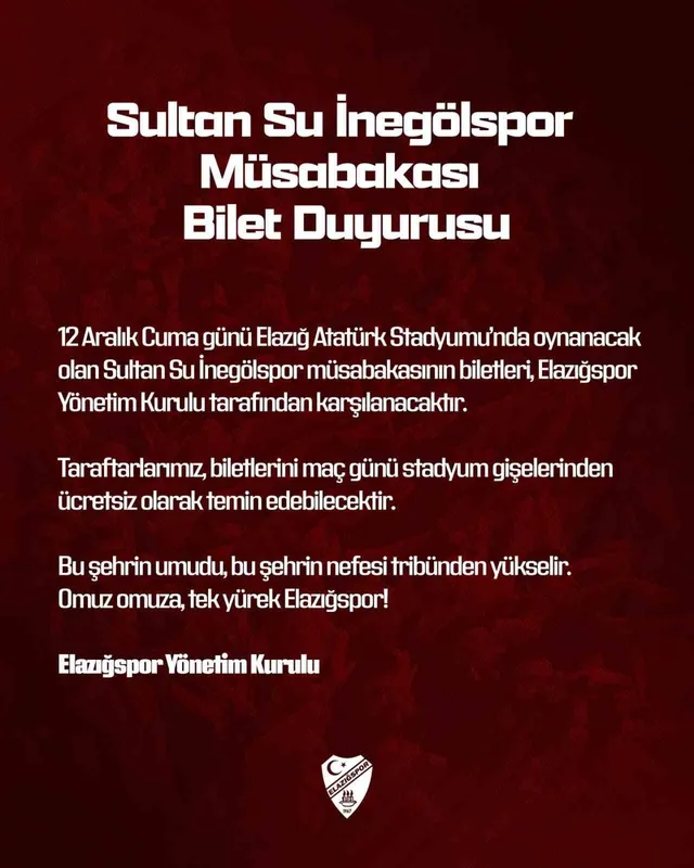 Elazığspor yönetimi biletleri ücretsiz yaptı
