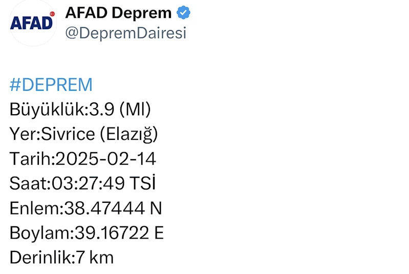 Elazığ’da 3.9 büyüklüğünde deprem
