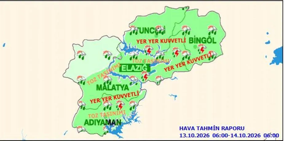 Elazığ ve Çevresinde Kuvvetli Yağış ve Toz Taşınımı Uyarısı