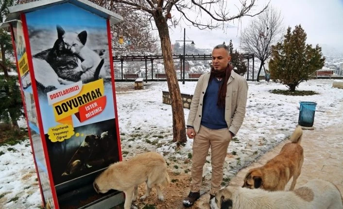 Boks makinesinden esinlendi, sokak hayvanları için mamamatik yaptı