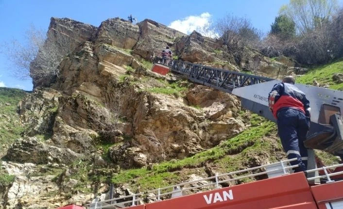 Kayalıkta mahsur kalan keçi itfaiye tarafından kurtarıldı