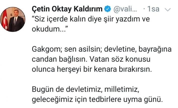 Vali Oktay yazdığı şiiri paylaştı, "Evde kal Elazığ" mesajı verdi