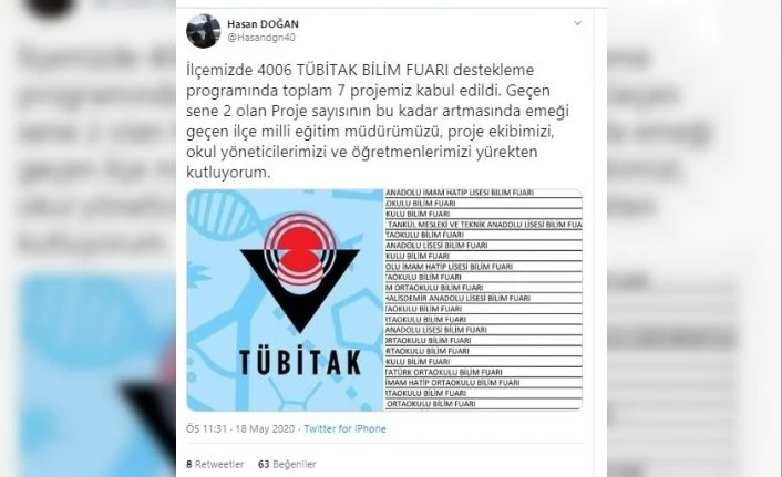 Diyadin’de 7 okulun projesi TÜBİTAK tarafından kabul edildi