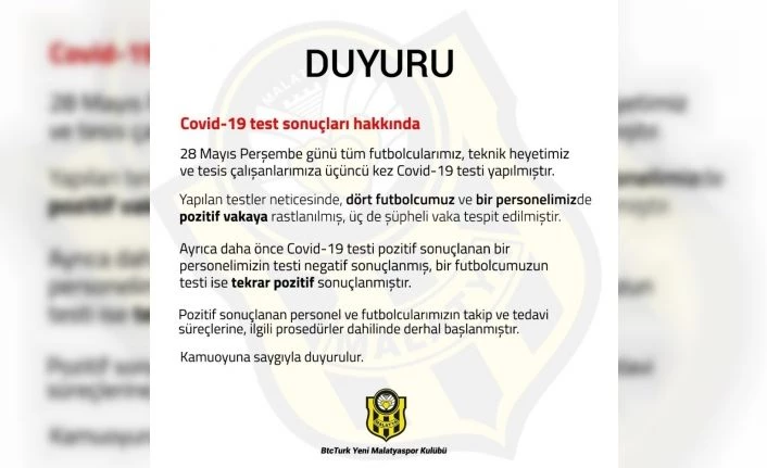 Yeni Malatyaspor’da 4 futbolcu ve 1 personel de korona virüs çıktı