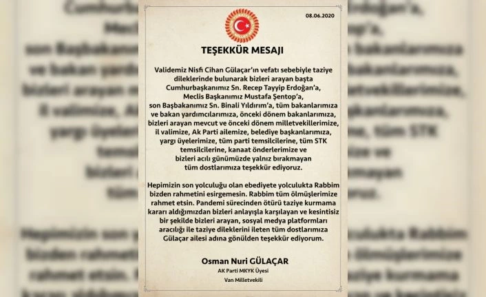 AK Parti Van Milletvekili Gülaçar’dan teşekkür mesajı