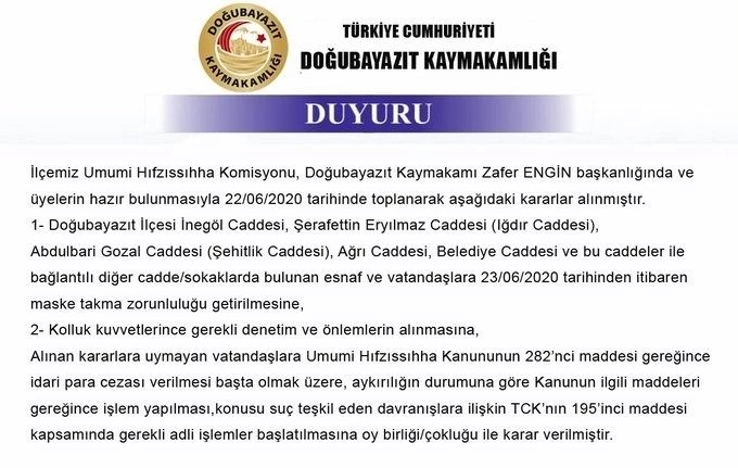 Doğubayazıt’ta maske takmak zorunlu hale getirildi