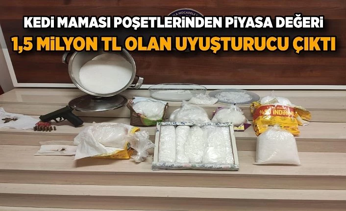 Kedi maması poşetlerinden piyasa değeri 1,5 milyon TL olan uyuşturucu çıktı