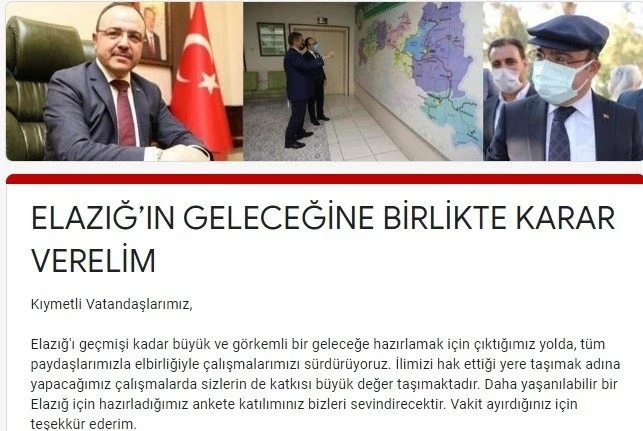 Vali Erkaya Yırık’tan "Elazığ’ın geleceğine birlikte karar verelim" anketi