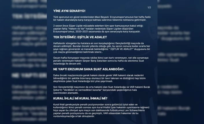 BB Erzurumspor’dan hakem Suat Arslanboğa’ya tepki