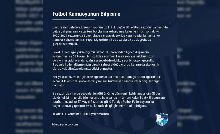 BB Erzurumspor küme düşmenin kaldırılması için TFF’ye başvuruda bulundu